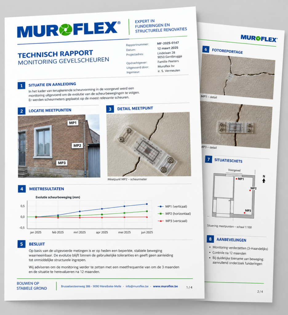 Technisch Muroflex-rapport met meetgegevens en fotodocumentatie van gevelscheuren