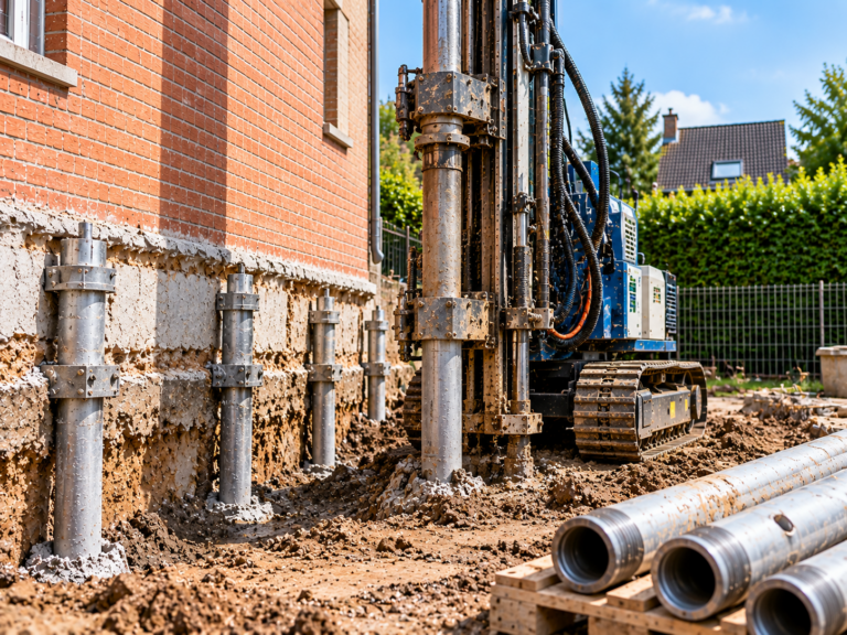 Boorinstallatie voor het plaatsen van funderingspalen en micropalen naast een bestaande gevel